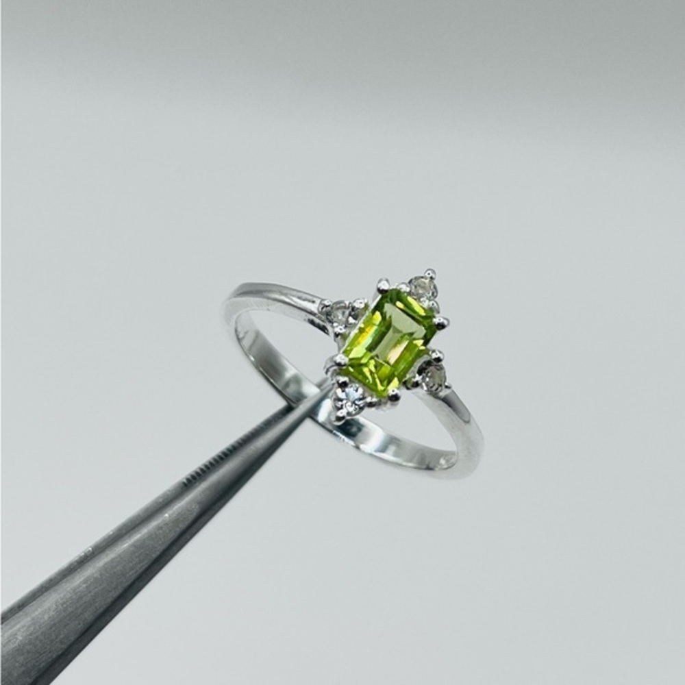 Natural Peridot and White Topaz Emerald Cut Sterling Silver Ring Size 7